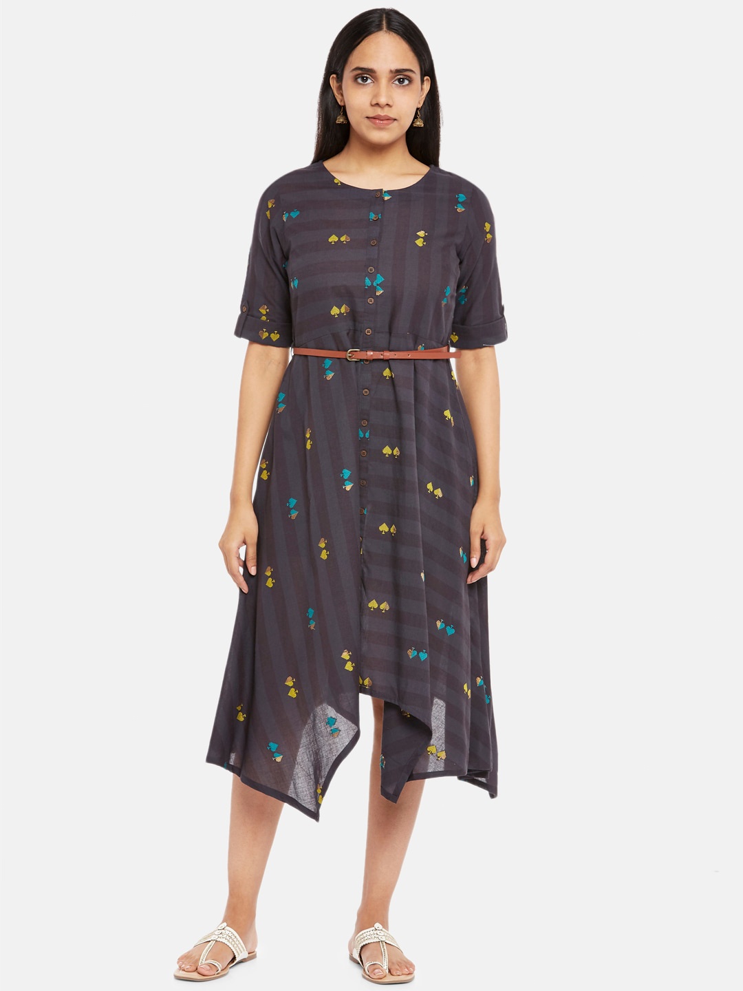 

AKKRITI BY PANTALOONS Women Charcoal Striped A-Line Midi Dress