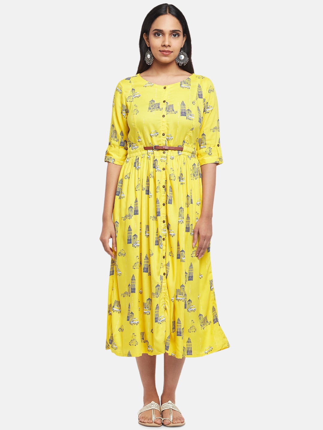 

AKKRITI BY PANTALOONS Women Mustard Yellow Floral Midi Dress