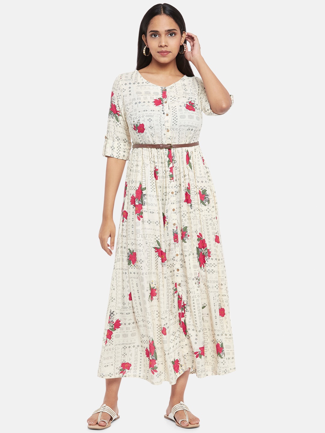 

AKKRITI BY PANTALOONS Women Off White & Pink Floral Maxi Dress