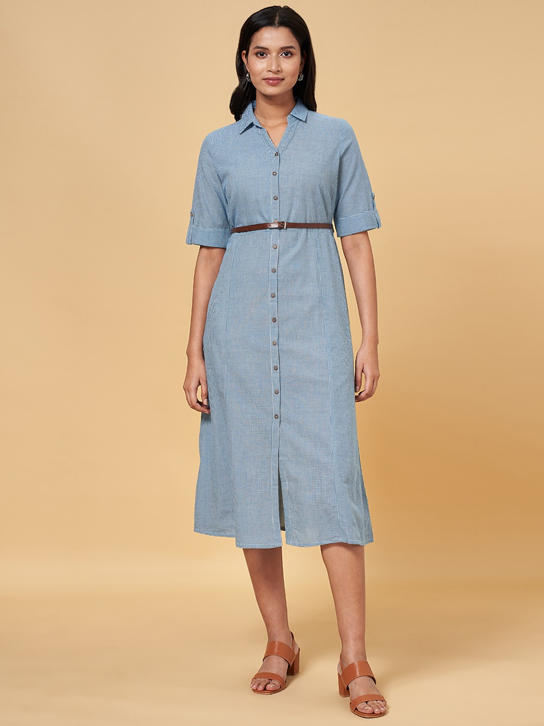 

AKKRITI BY PANTALOONS Navy Blue Checked Pure Cotton Shirt Midi Dress