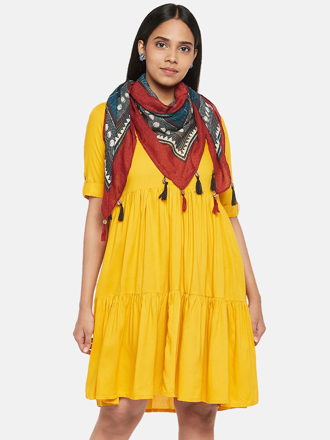 

AKKRITI BY PANTALOONS Women Mustard Yellow Solid V-neck Empire Dress
