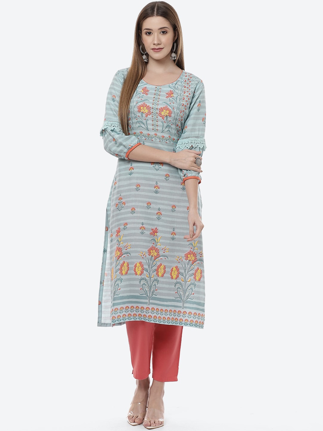 

Rangriti Women Blue Printed Flared Sleeves Kurta