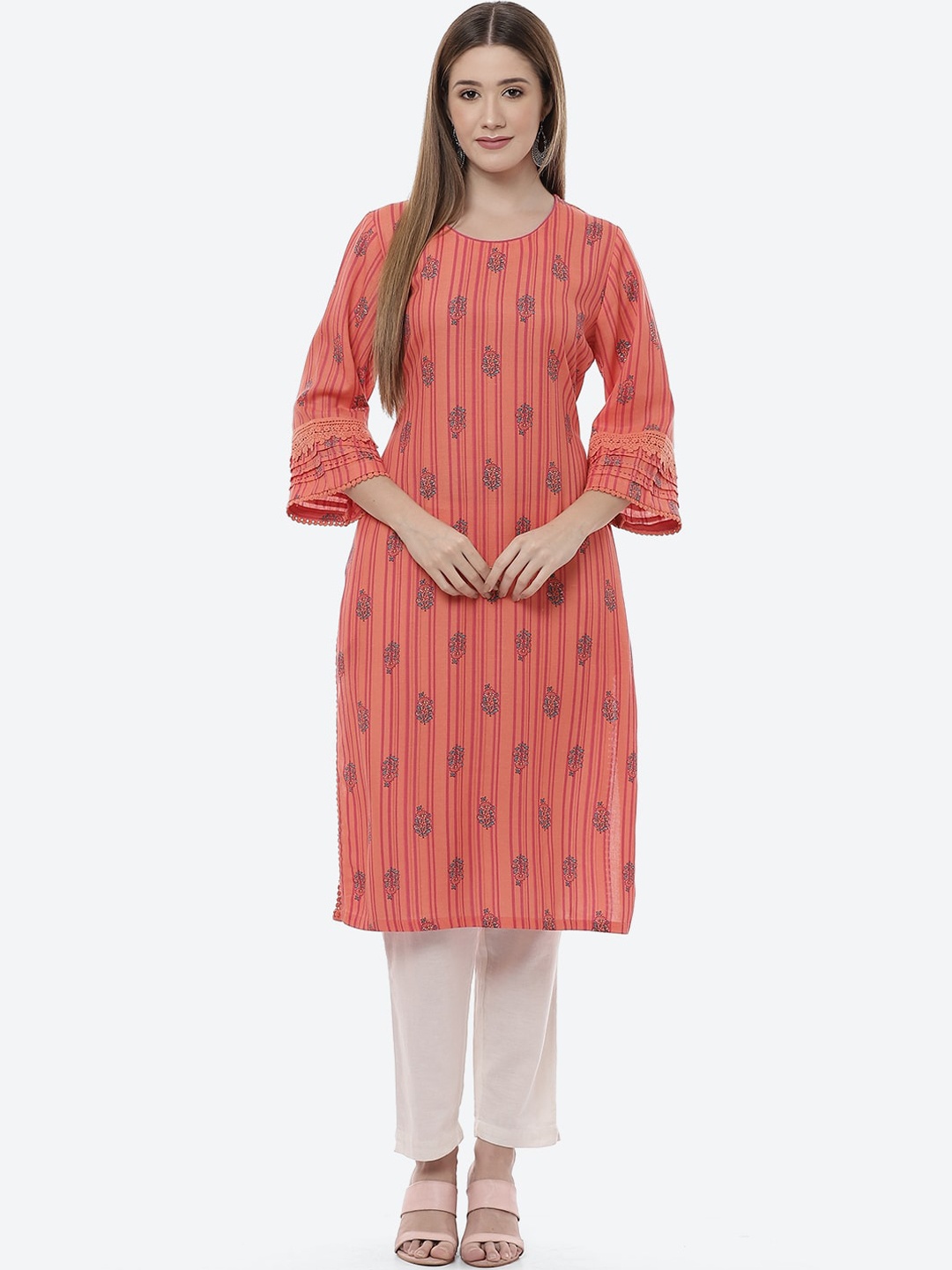 

Rangriti Women Orange Ethnic Motifs Printed Flared Sleeves Thread Work Kurta