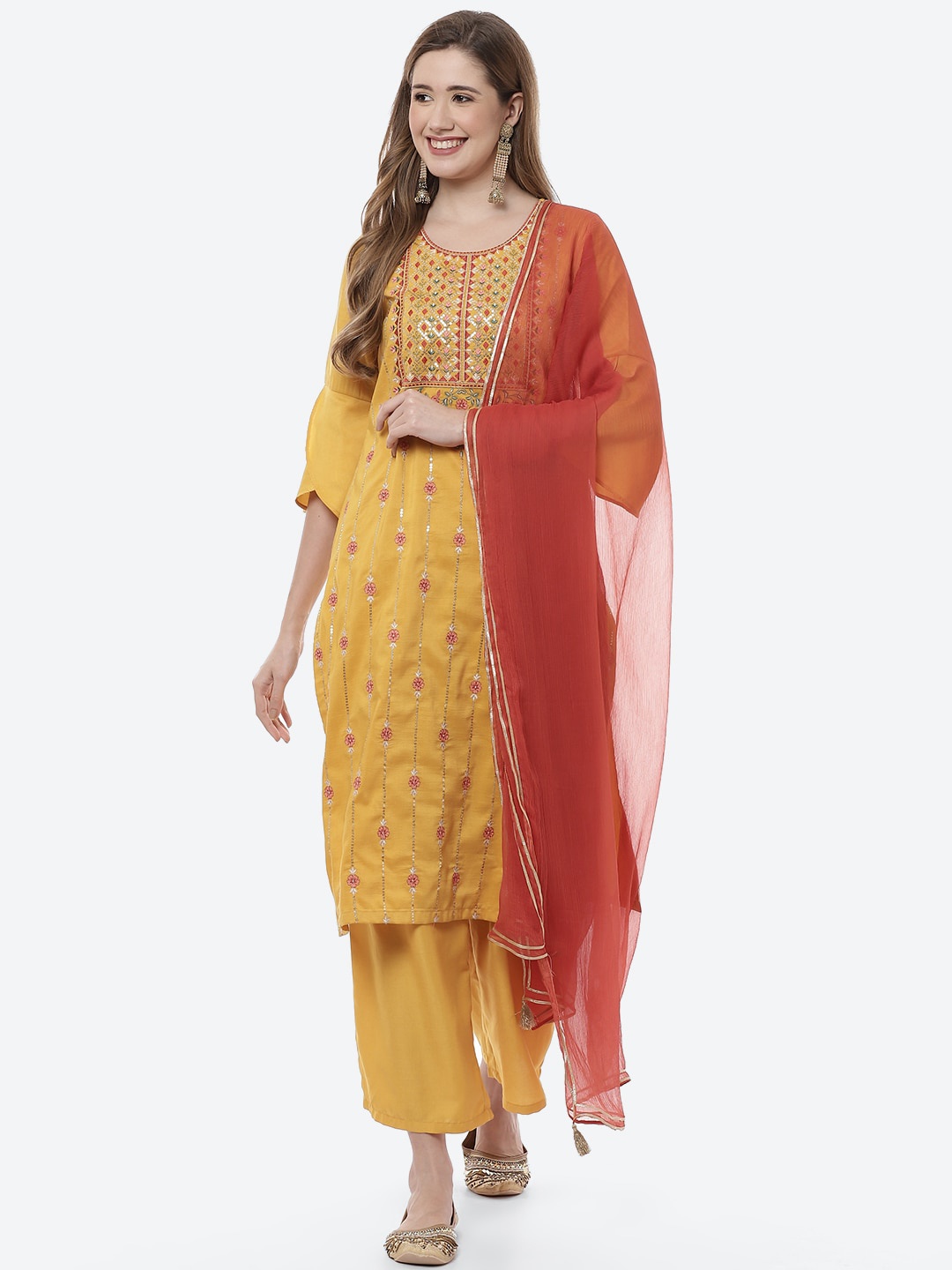 

Rangriti Women Mustard Yellow Ethnic Motifs Printed Kurta with Palazzos & With Dupatta