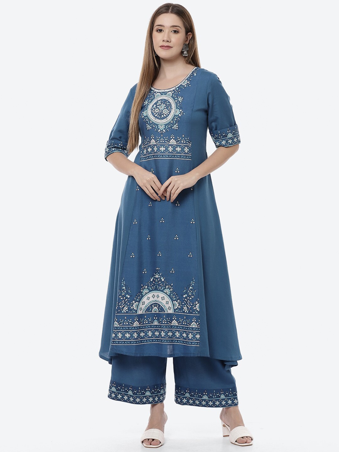 

Rangriti Teal Blue & White Ethnic Motif Calf Length A-Line Kurta