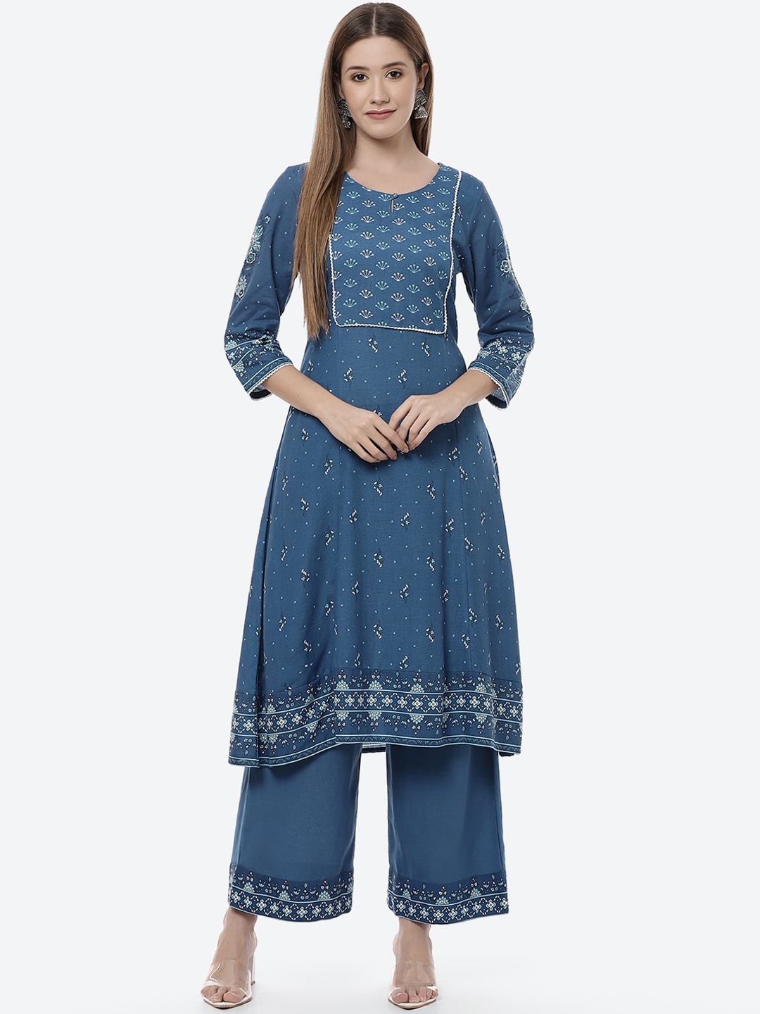 

Rangriti Women Navy Blue Ethnic Motifs Embellished Flared Sleeves Kurta