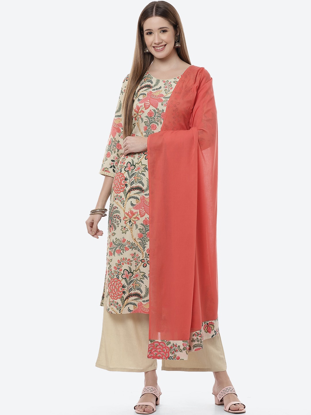 

Rangriti Women Beige Floral Printed Panelled Kurta with Trousers & With Dupatta