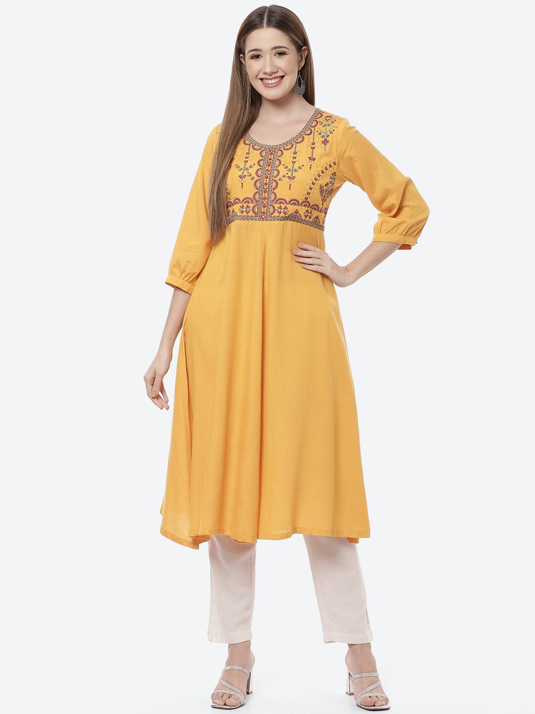 

Rangriti Women Mustard Yellow Ethnic Motifs Yoke Design Anarkali Kurta