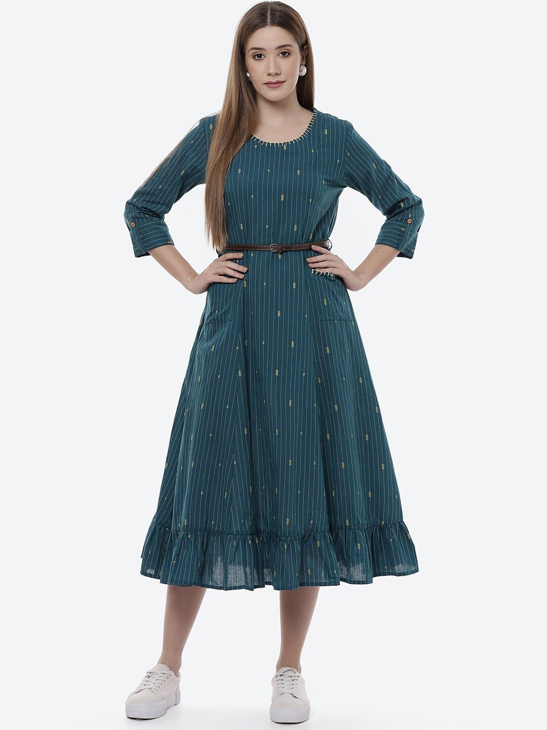 

Rangriti Green Striped Midi Fit & Flare Dress