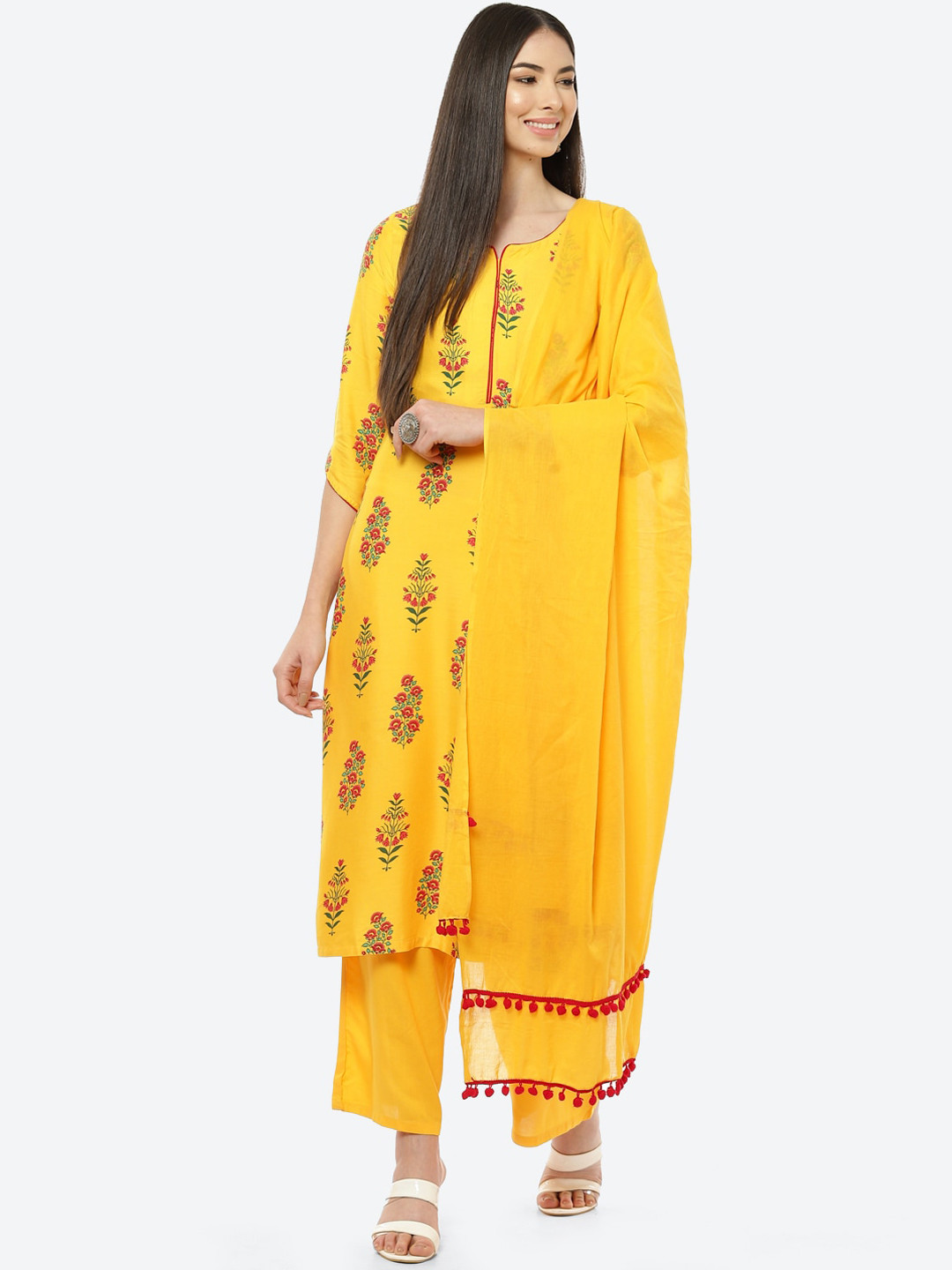 

Rangriti Women Yellow Floral Printed Kurta with Trousers & With Dupatta