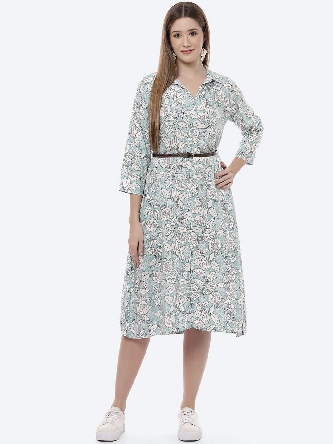 

Rangriti Sea Green & Off White Floral Ethnic A-Line Midi Dress