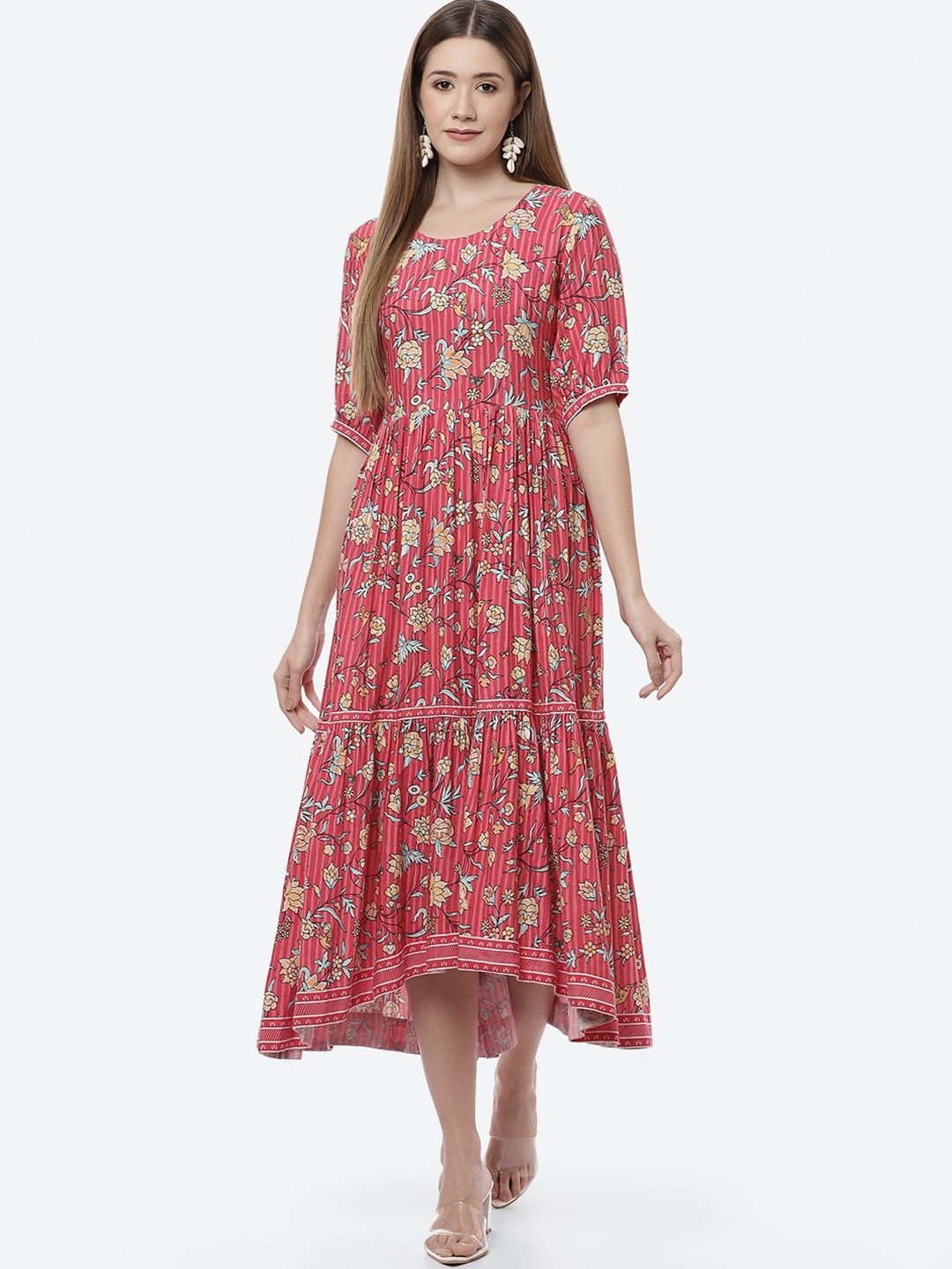 

Rangriti Pink & Beige Floral Fit and Flare Midi Dress