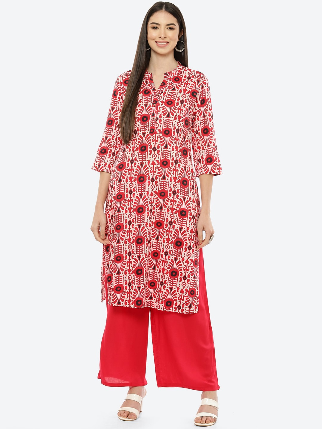 

Rangriti Women Red Floral Printed Kurta with Palazzos