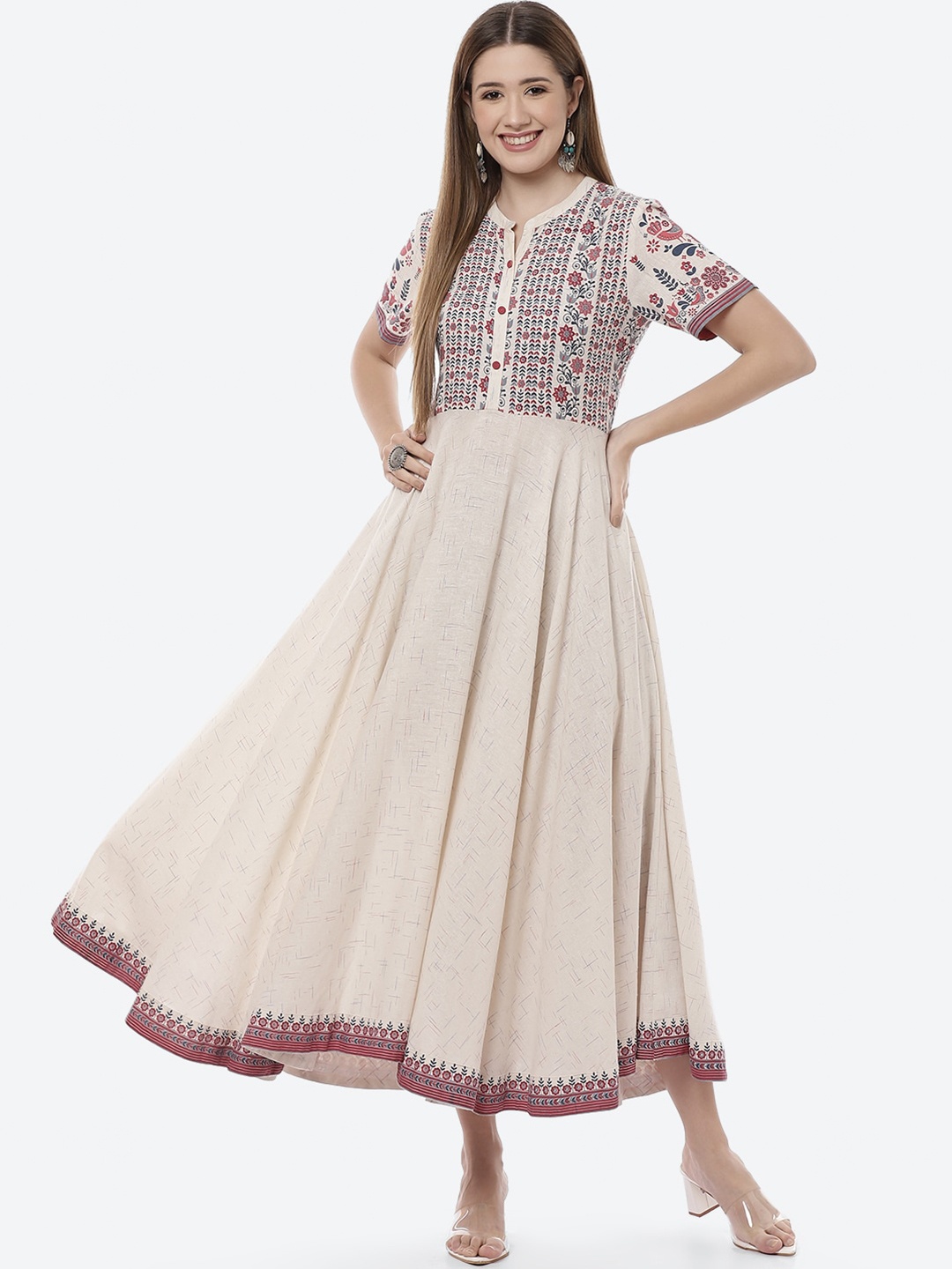 

Rangriti Off White & Blue Floral Printed Fit & Flare Dress