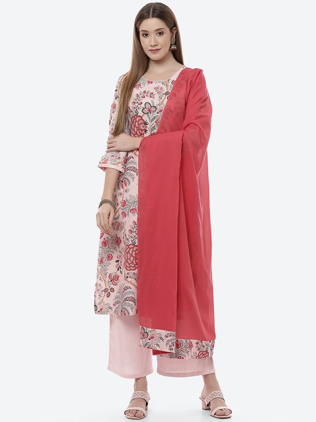 

Rangriti Women Pink Floral Printed Kurta with Palazzos & With Dupatta