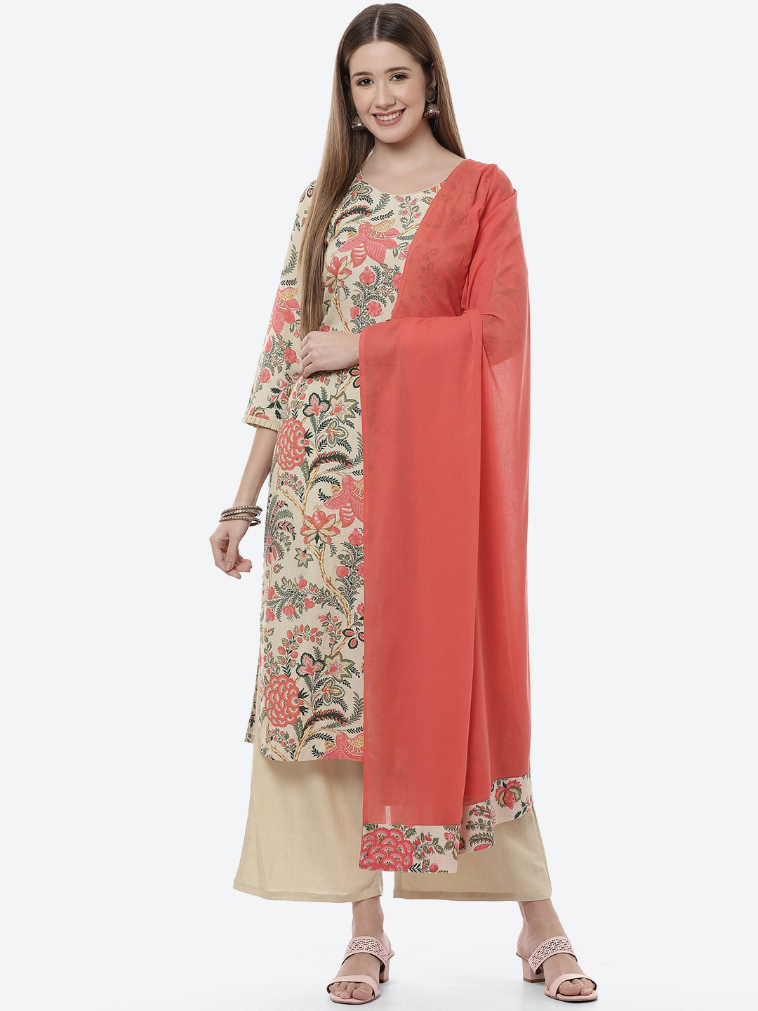 

Rangriti Women Olive Green Floral Printed Kurta with Trousers & With Dupatta