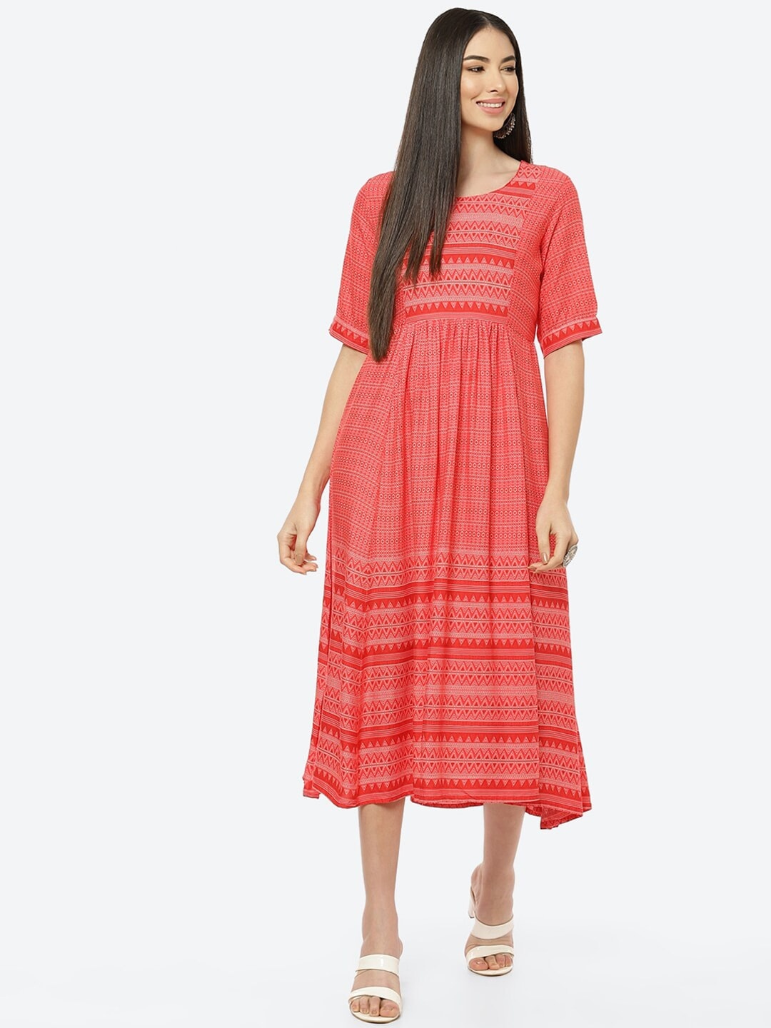 

Rangriti Red Ethnic Motifs Printed A-Line Midi Dress