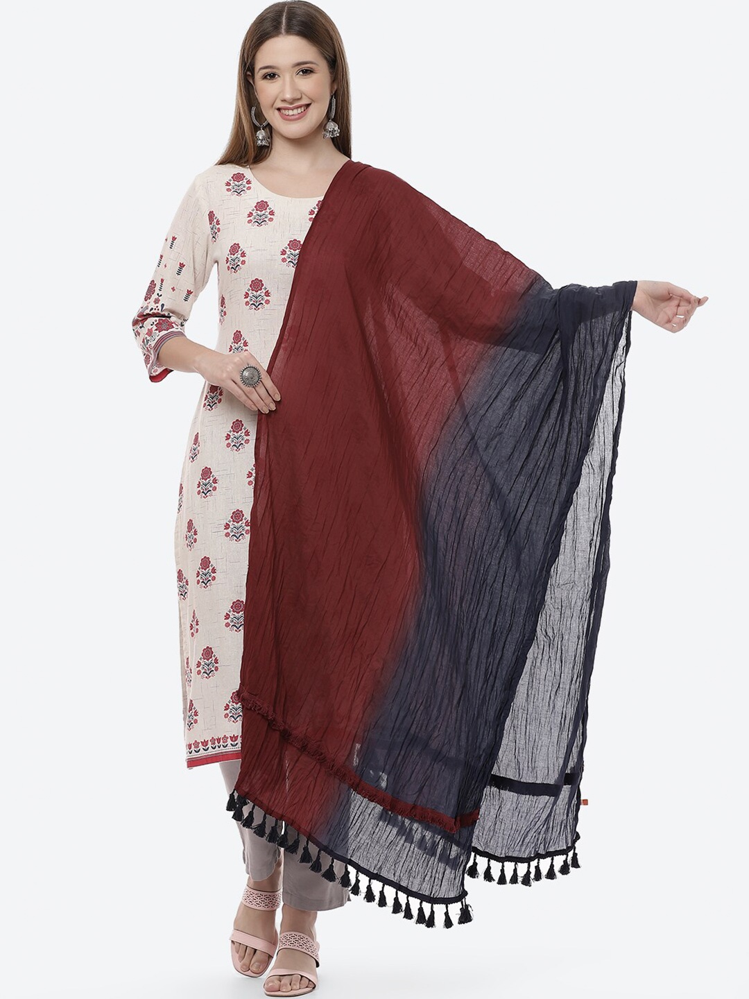 

Rangriti Blue & Maroon Colourblocked Dupatta