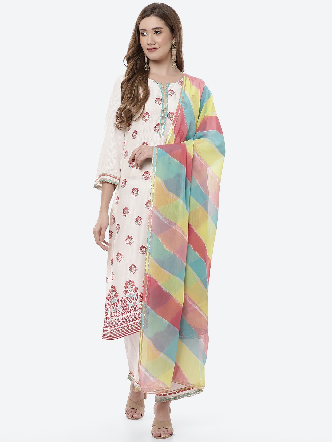 

Rangriti Women White & Maroon Ethnic Motifs Printed Kurta with Palazzos & Dupatta