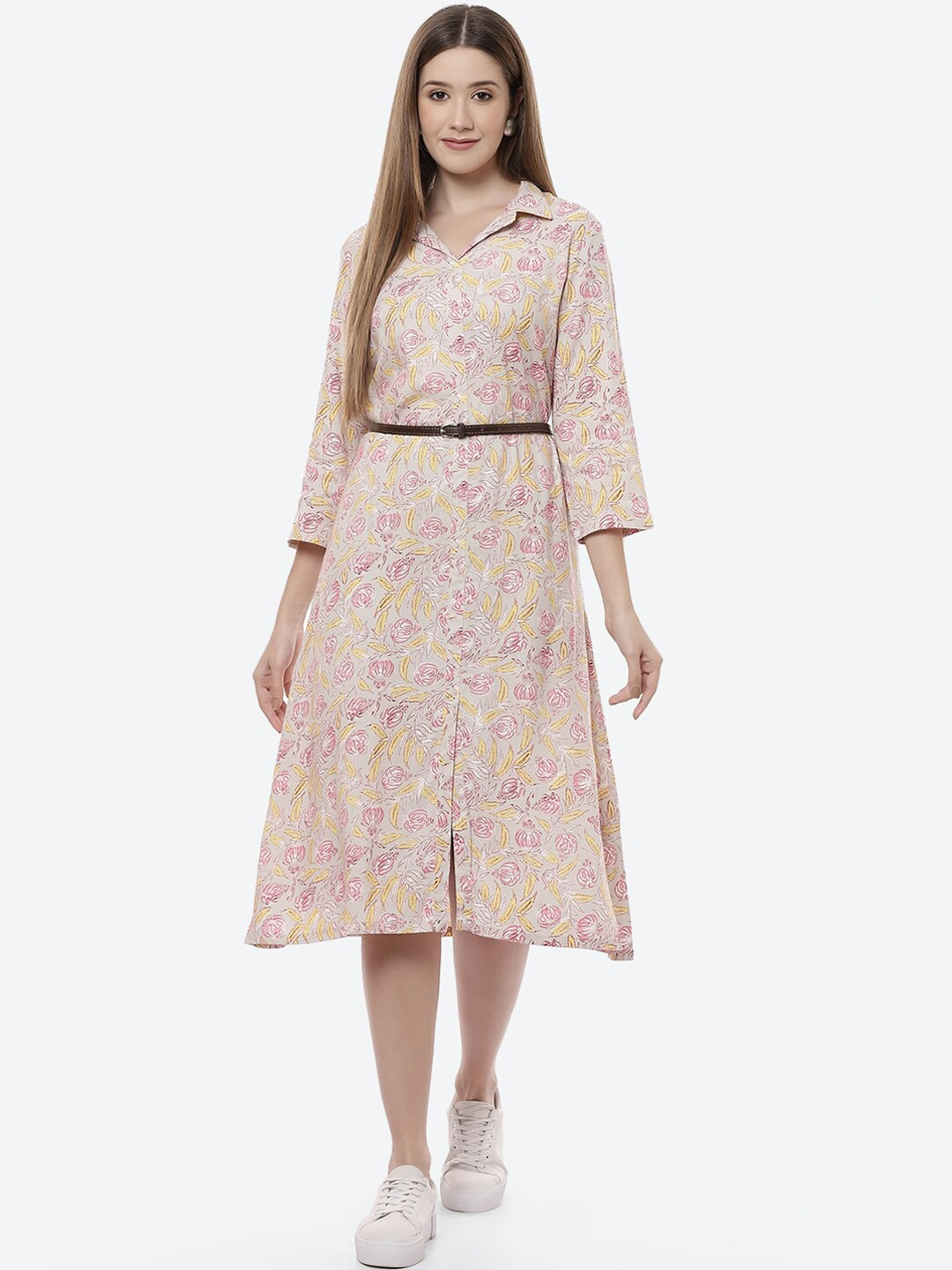 

Rangriti Grey Floral Ethnic Shirt Midi Dress