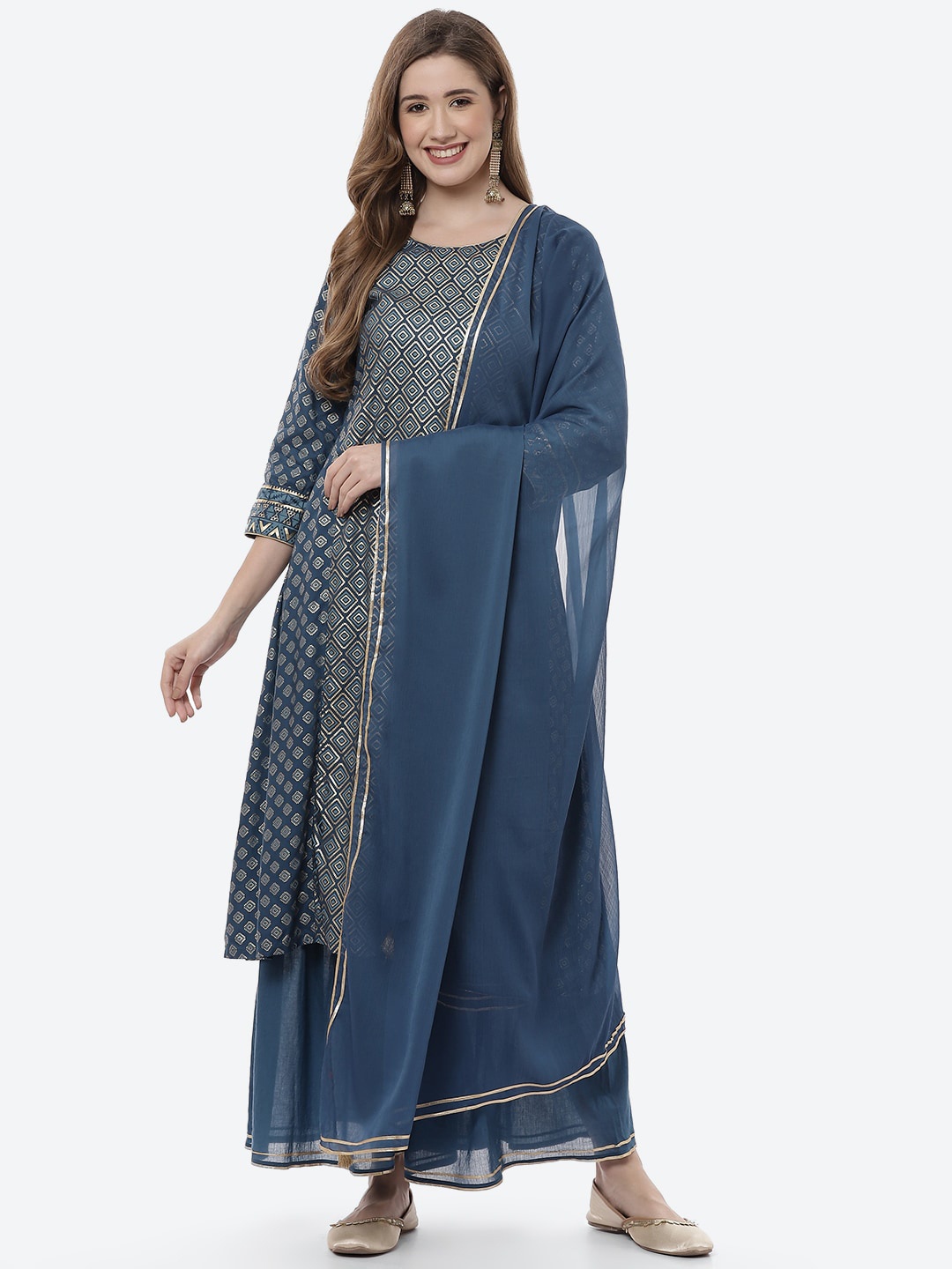 

Rangriti Women Blue Printed Panelled Kurta with Sharara & With Dupatta