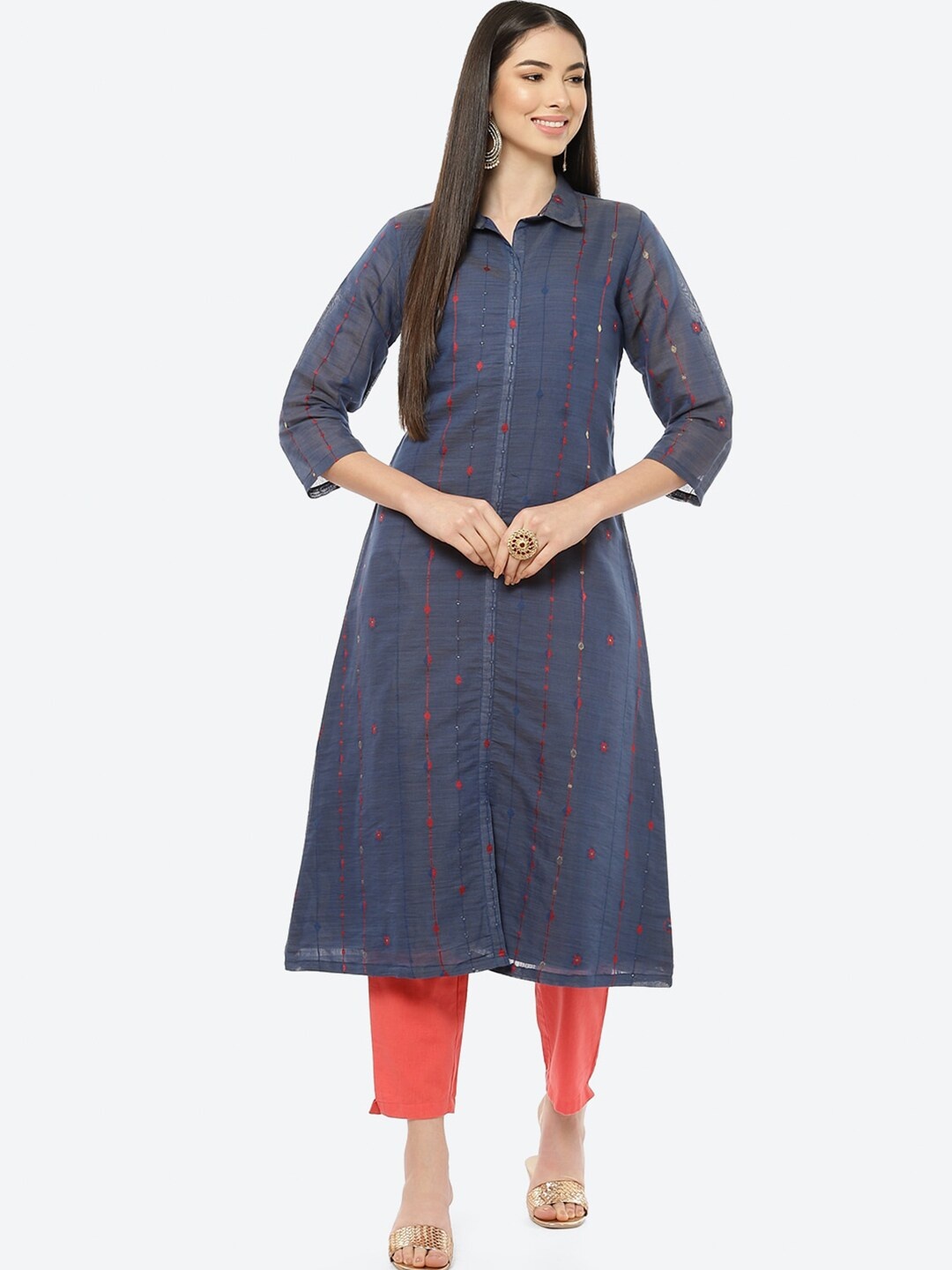 

Rangriti Women Navy Blue Striped Kurta