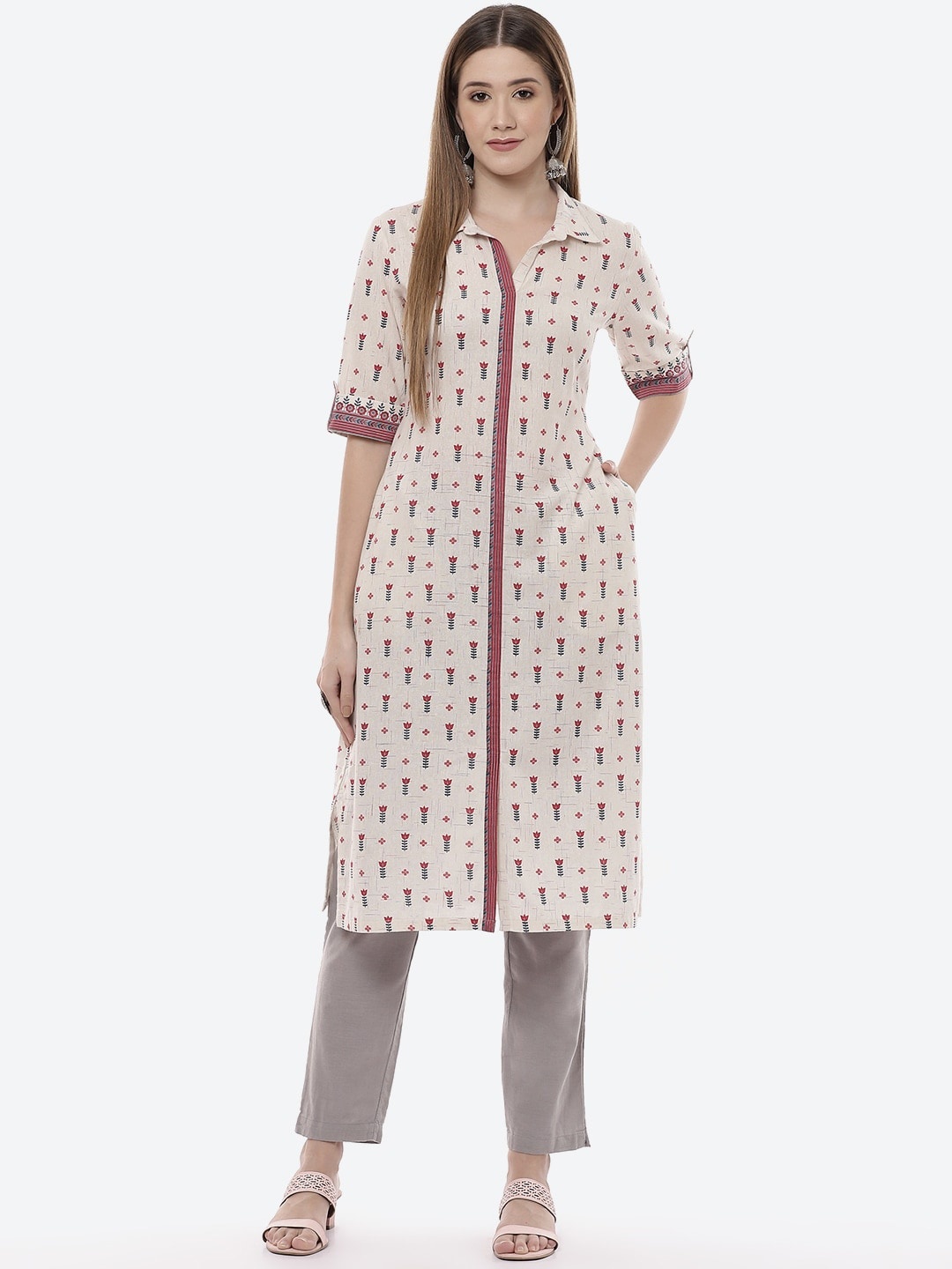 

Rangriti Women Off White & Pink Floral Printed Straight Kurta