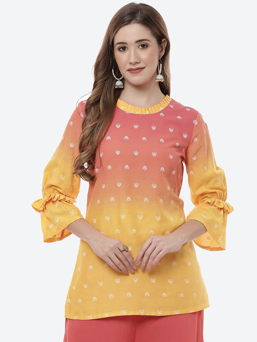 

Rangriti Orange & Peach-Coloured Print Bell Sleeves Top