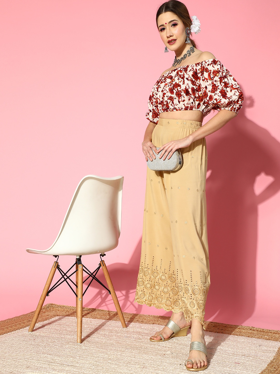 

ZOLA Women Classy Beige Ethnic Motifs Summer Sheer Palazzos