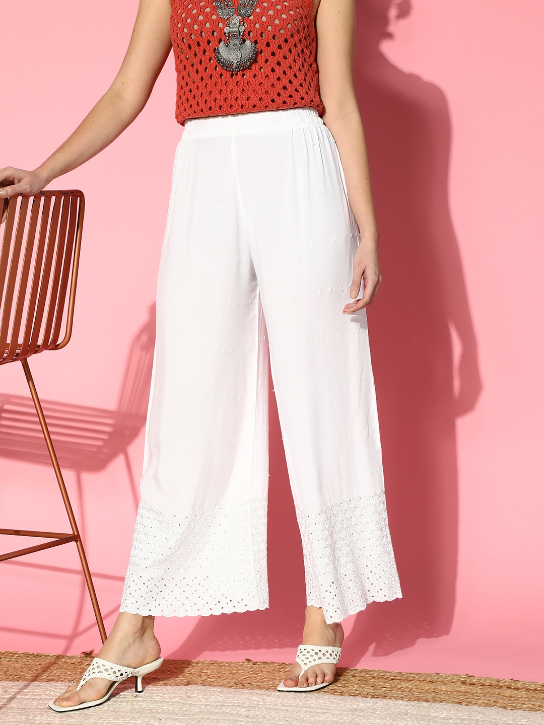 

ZOLA Women Classic White Geometric Summer Sheer Palazzos