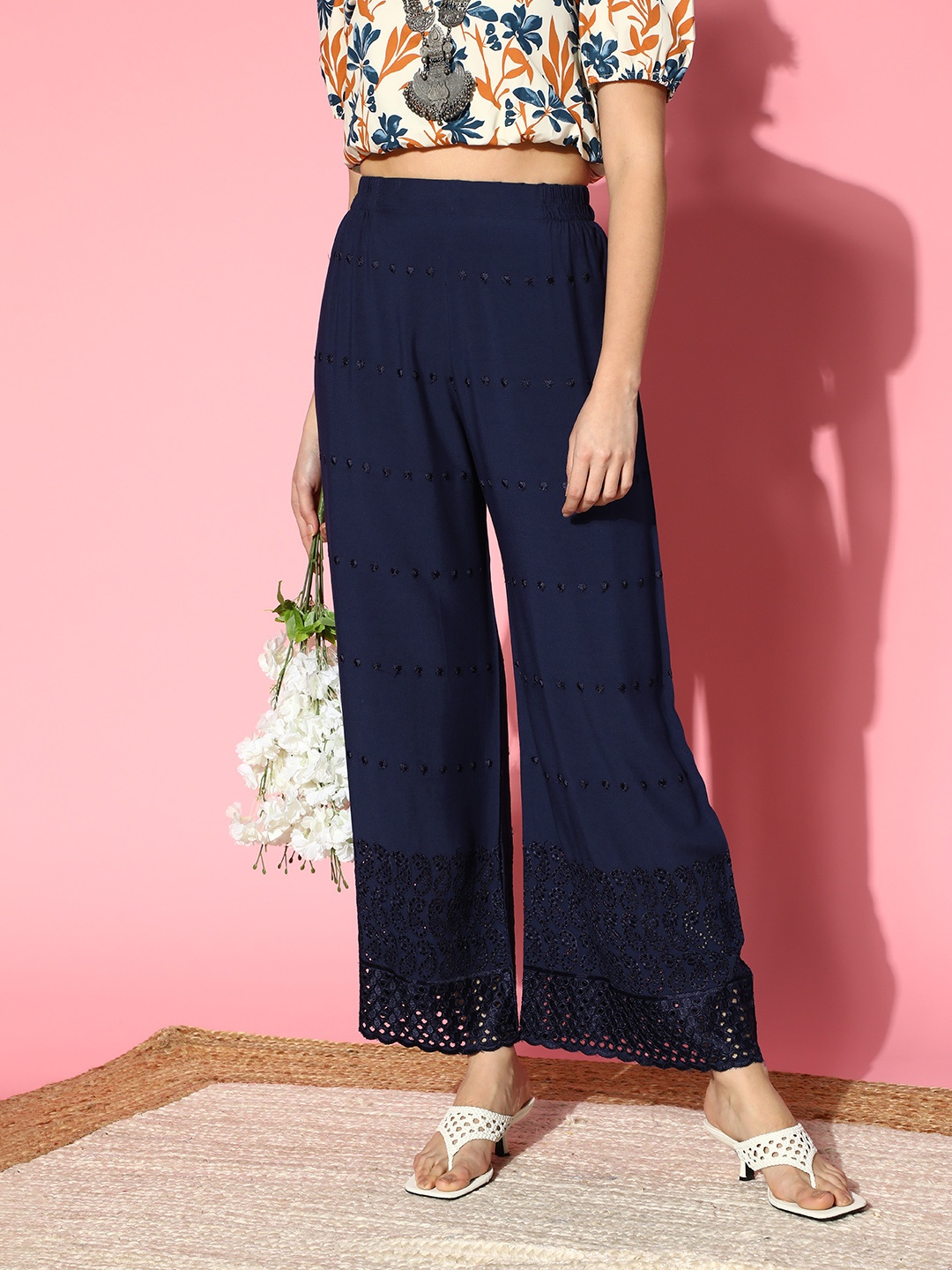 

ZOLA Women Deep Navy Blue Self Design Lightweight Lucknowi Chikankari Palazzo