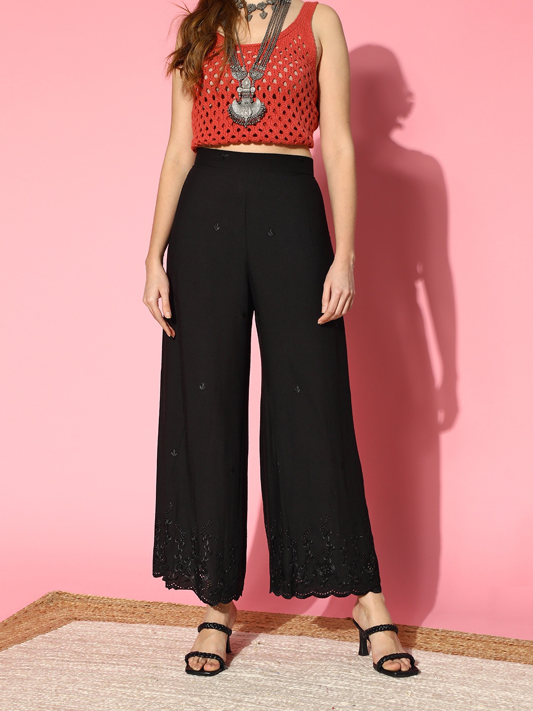 

ZOLA Women Stylish Black Floral Elevated Bottom Palazzos