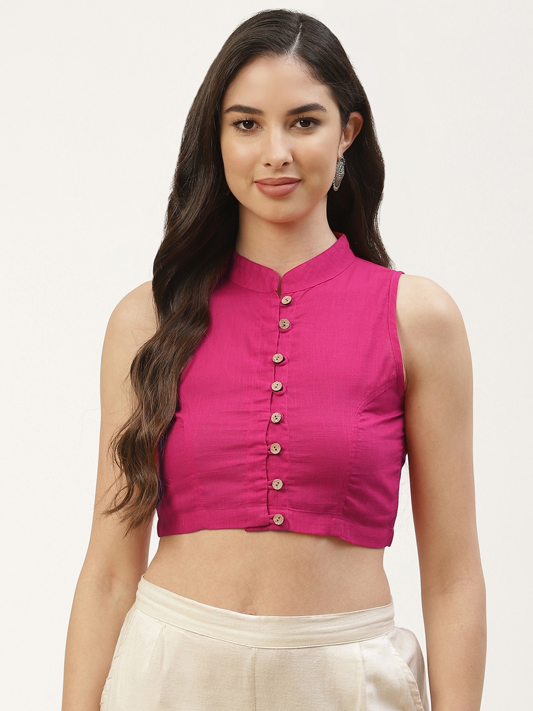 

Molcha Women Pink Solid Mandarin Collar Sleeveless Saree Blouse