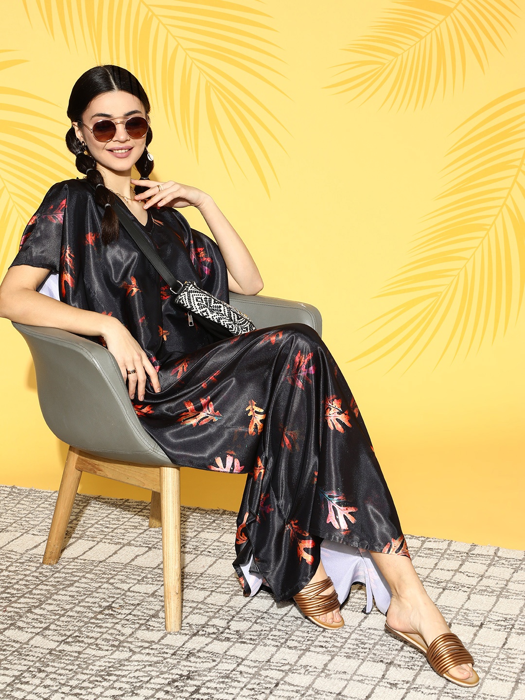 

Claura Women Stylish Black Floral Kaftan Nightdress