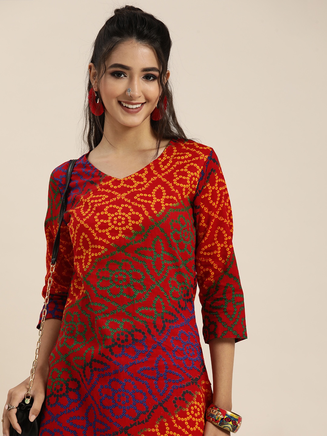 

Sangria Women Red & Yellow Bandhani Print Pure Cotton Kurta with Trousers