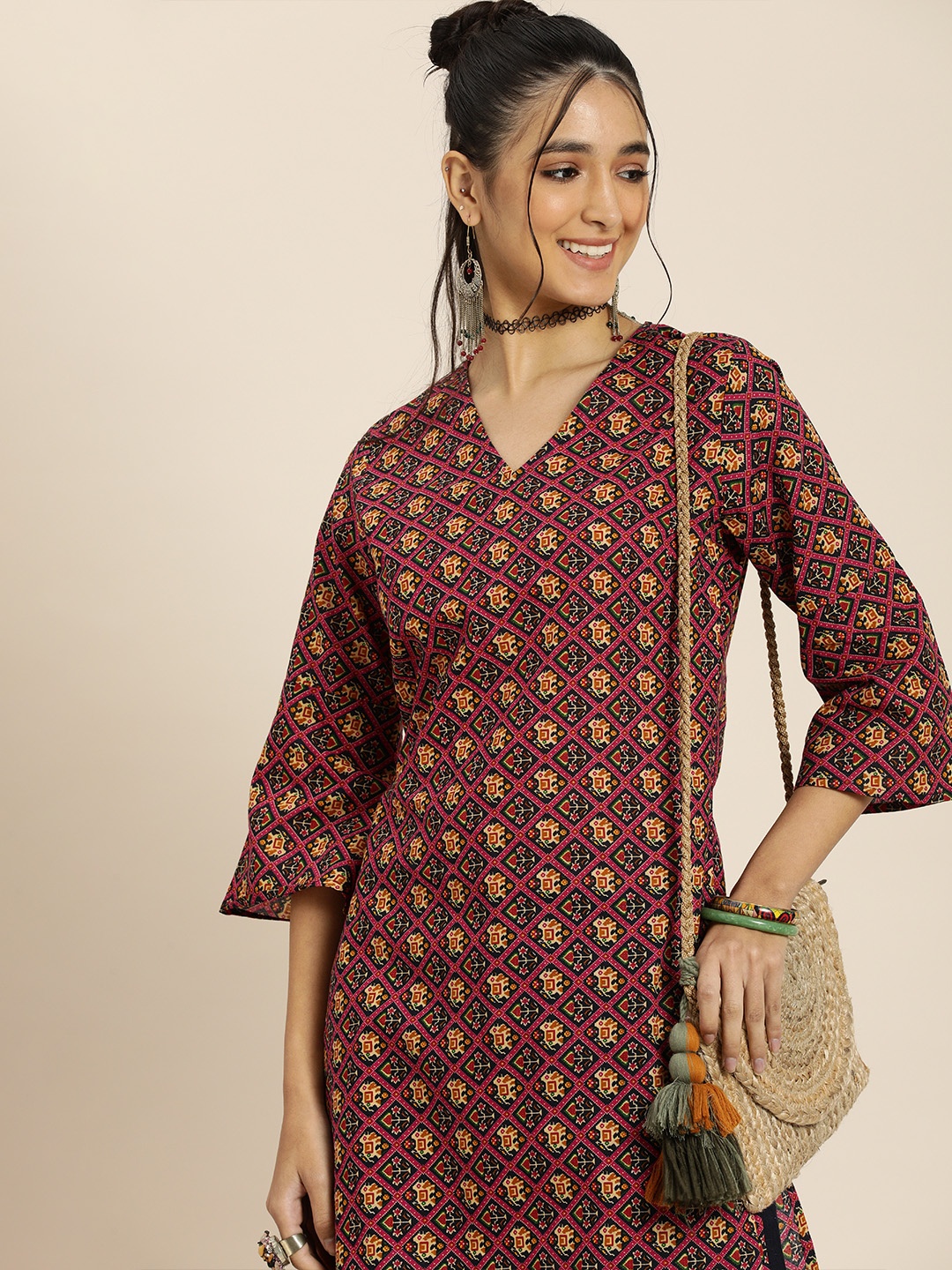 

Sangria Women Navy Blue Pure Cotton Bandhani Printed Kurta with Trousers