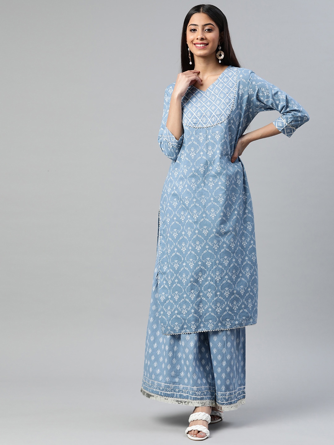 

aayusika Women Blue Ethnic Motifs Printed Gotta Patti Pure Cotton Kurta with Sharara