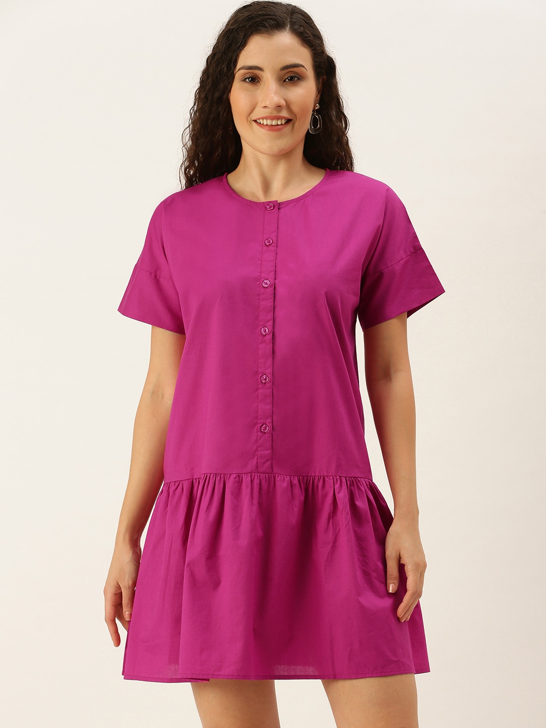 

VANCA ECO Women Pink Solid Cotton Drop-Waist Dress