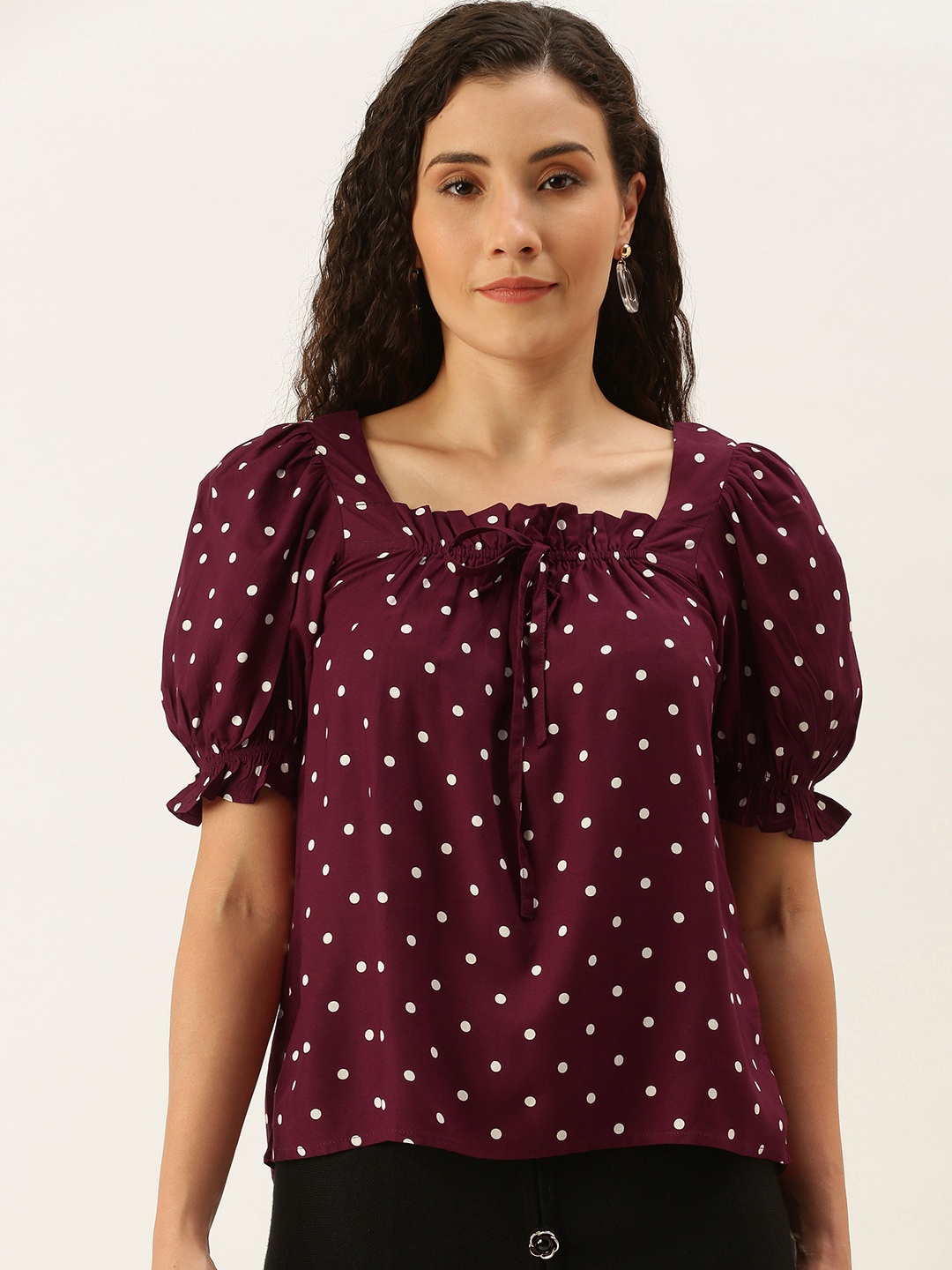 

VANCA ECO Women Maroon & White Polka Dot Print Top