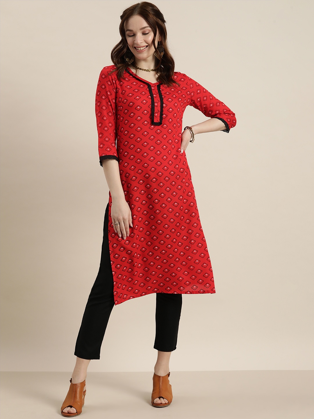 

Sangria Women Red Printed Kurta with Trousers