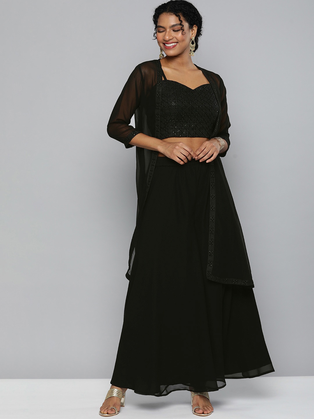 

Kvsfab Women Black Embroidered Sequinned Top with Palazzos & Shrug