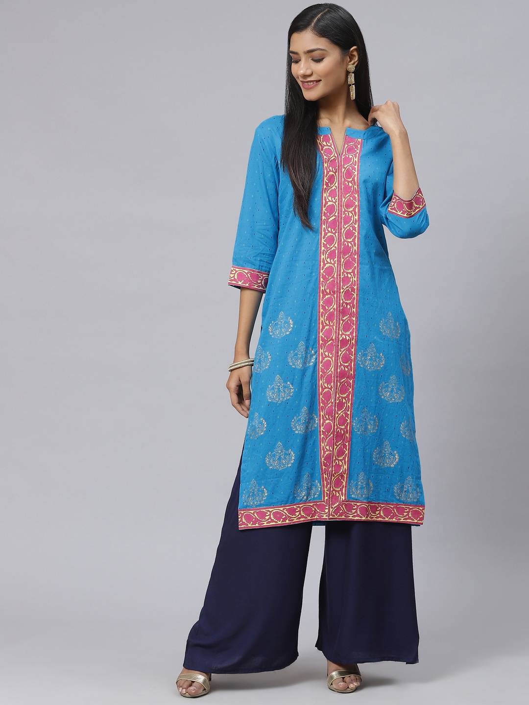 

MBE Women Blue Floral Colourblocked Kurta
