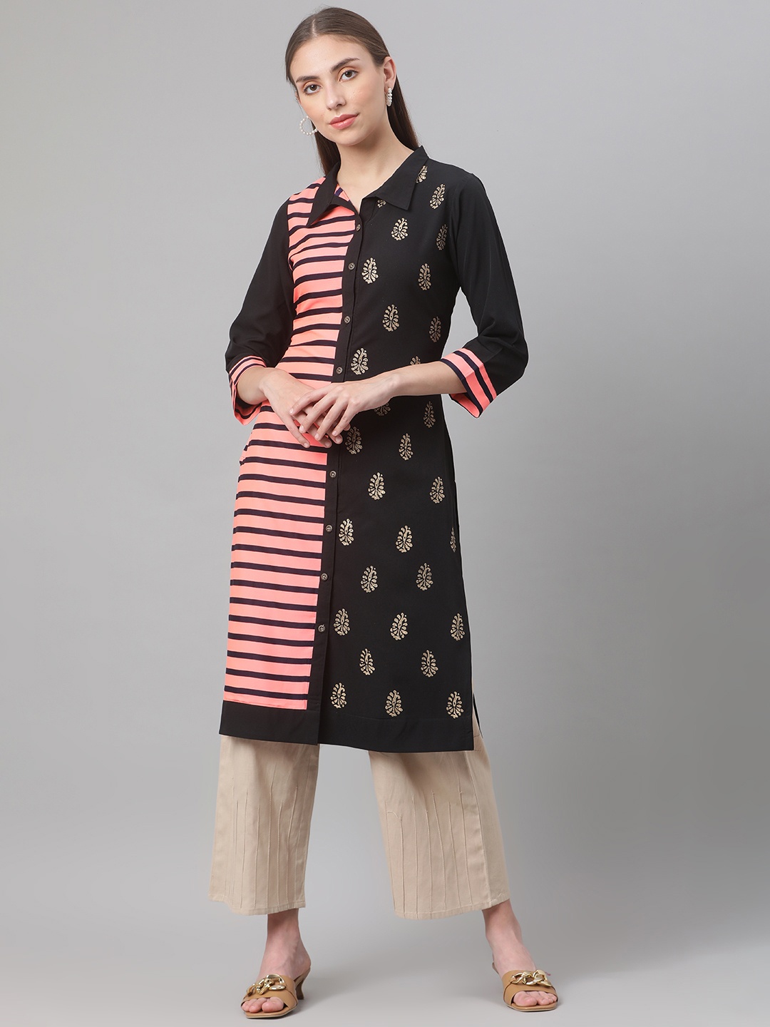 

MBE Women Black & Pink Ethnic Motifs Printed Kurta