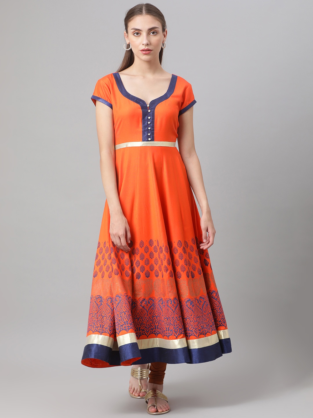 

MBE Women Orange & Navy Blue Ethnic Motifs Printed Anarkali Kurta