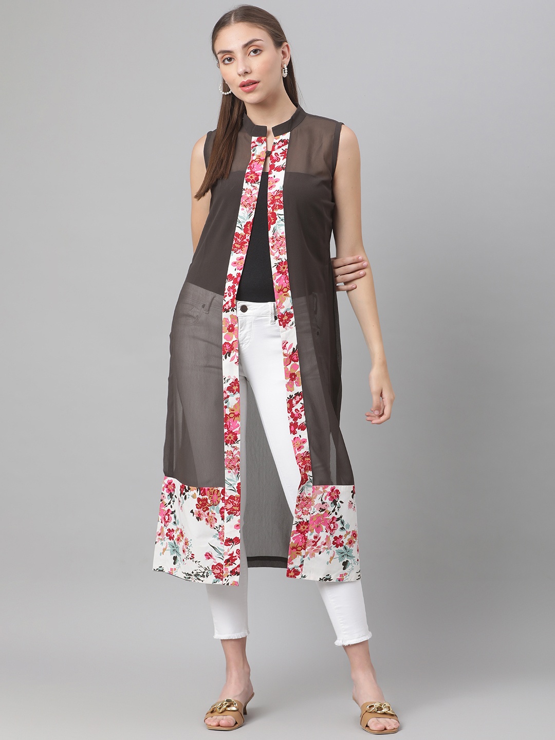 

MBE Women Grey Printed Longline Shrug