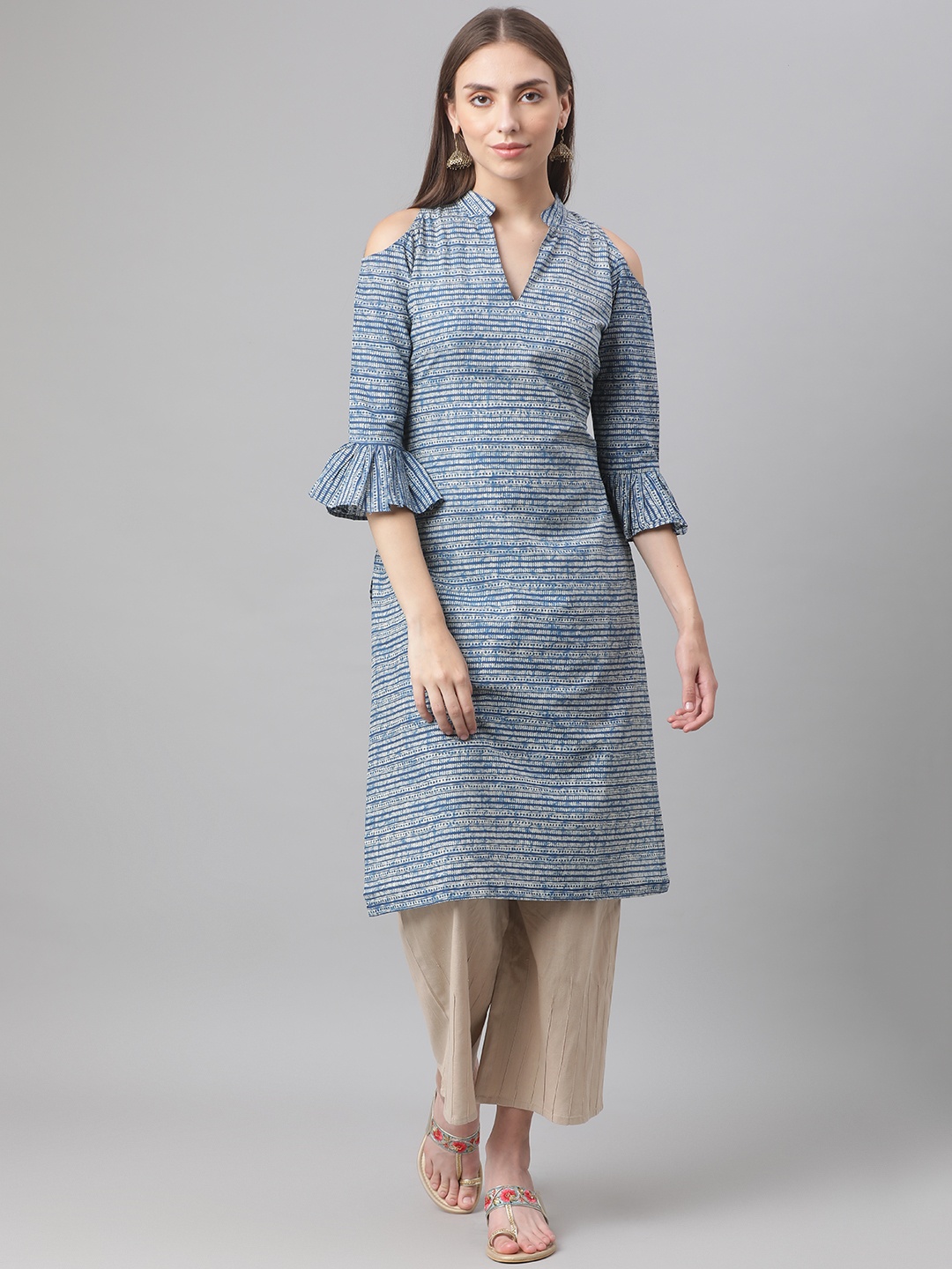 

MBE Women Blue Printed Cold-Shoulder Sleeves Kurta