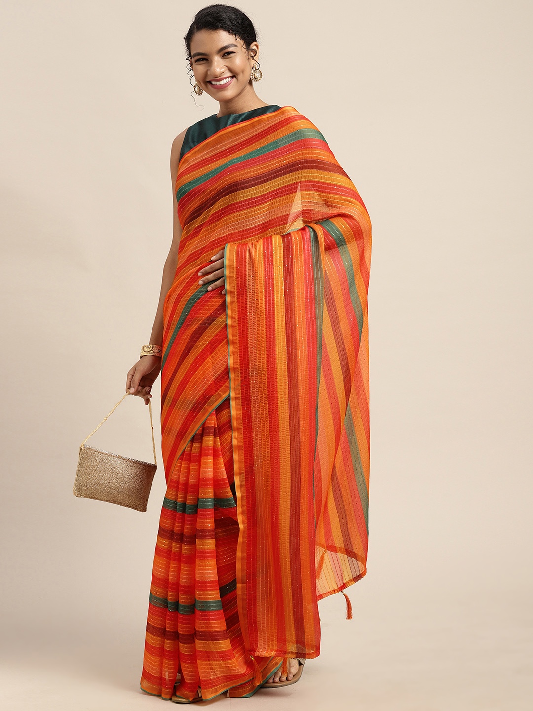 

all about you Multicoloured Striped Beads and Stones Saree, Multi