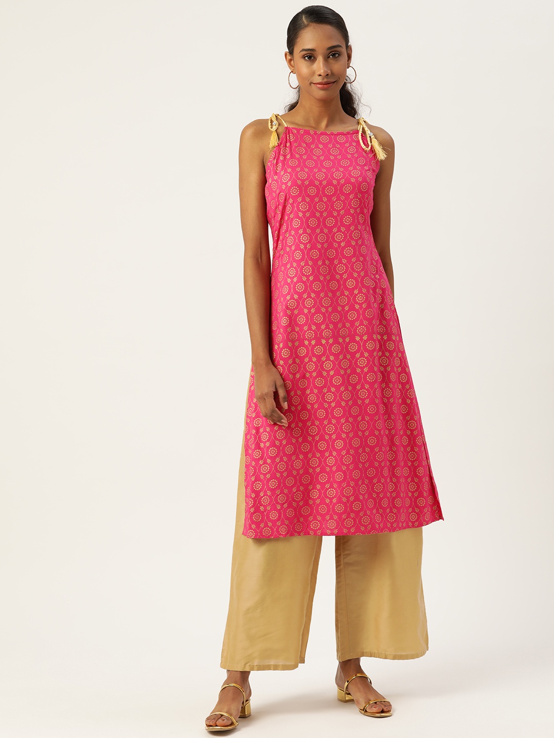 

Aayna Women Fuchsia Pink & Gold-Toned Ethnic Motifs Foil Print Tie-Up Neck Straight Kurta