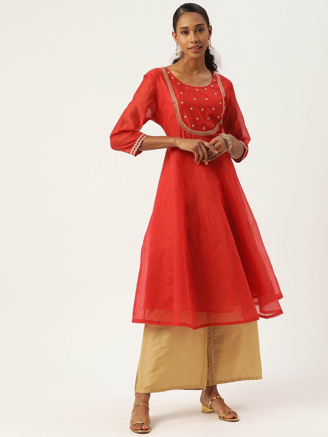 

Aayna Women Red Ethnic Motifs Yoke Embroidered Zari Chanderi Silk Blend Anarkali Kurta