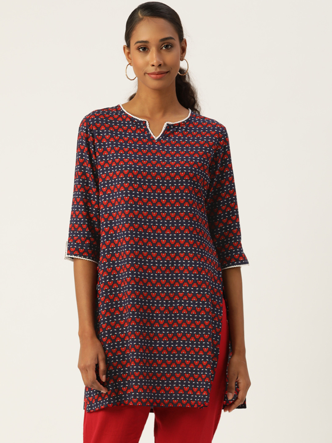 

Aayna Navy Blue & Red Floral Print Round Neck Regular Sleeves Lace Inserts Straight Kurti
